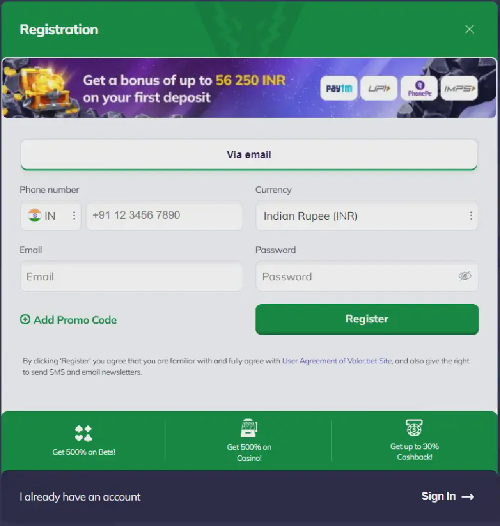 Valor Bet Casino | Register and Unlock Exclusive Rewards